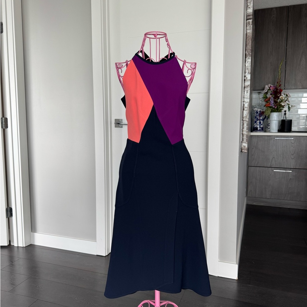 Roland Mouret Purple, Navy & Coral Color Block Midi Dress
